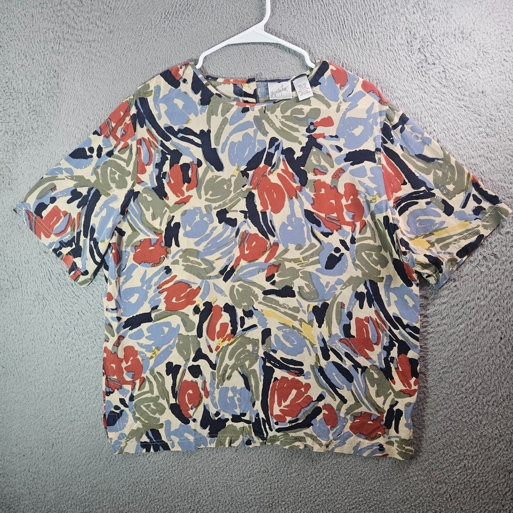 Jacqueline Ferrar 100% Silk Top Women Size 14 Geometric Short Sleeve Multicolor‎